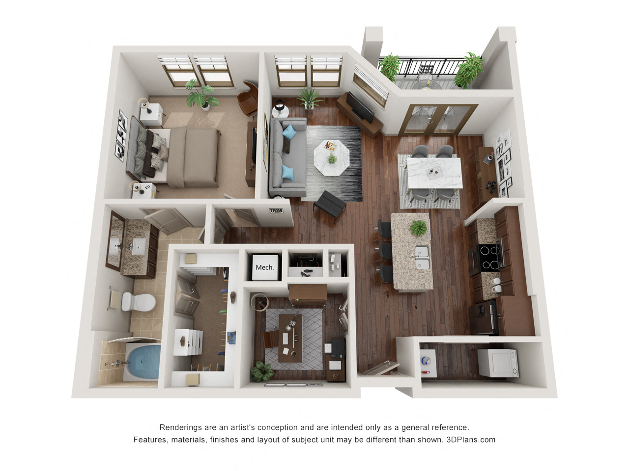 Floor plan for 1 bed, 1 bath, 896 sqft